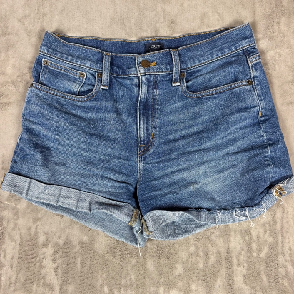 J. Crew Womens Denim Shorts Size 28 Medium Wash Cuffed Raw Hem Mid Rise Casual